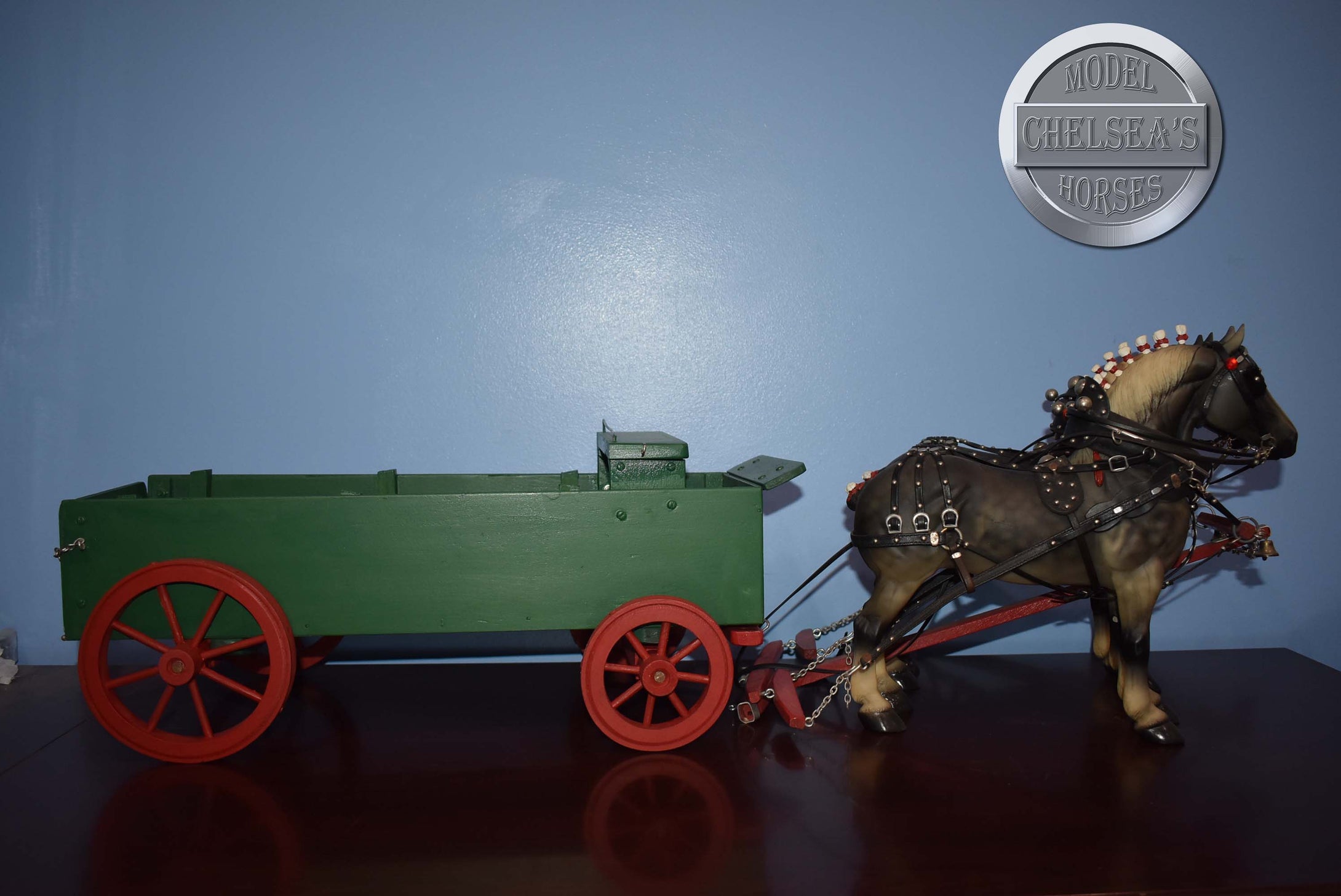 Pair of Dapple Grey Standing Drafters with Green Wagon-Harness Included-Peter Stone Drafters