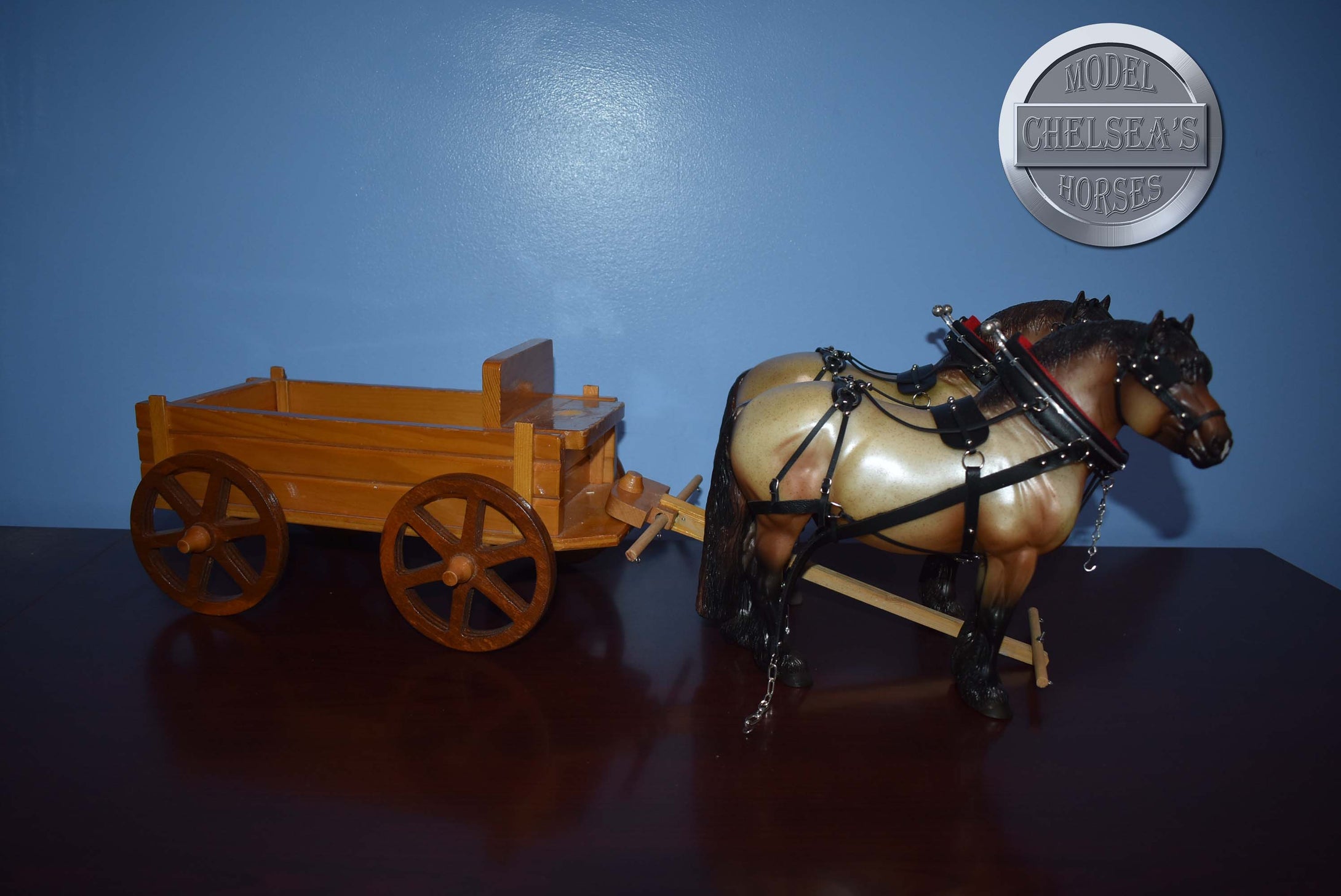 Pair of Theo with Harness and Wood Wagon-Breyer Traditional with Accessories
