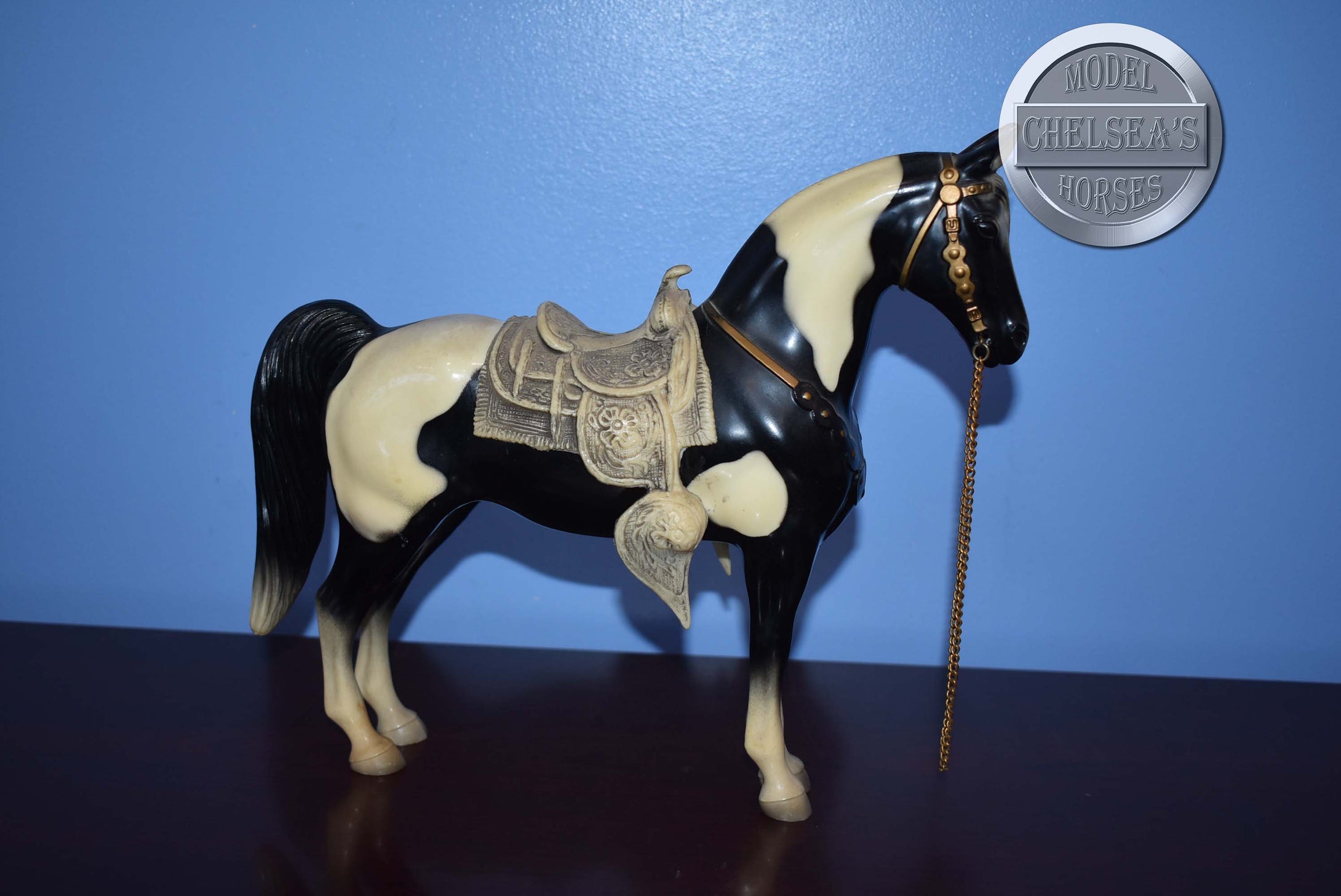 Black/White Pinto Western Pony with White Saddle-Western Pony Mold-Breyer Traditional