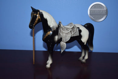 Black/White Pinto Western Pony with Grey Saddle-Western Pony Mold-Breyer Traditional