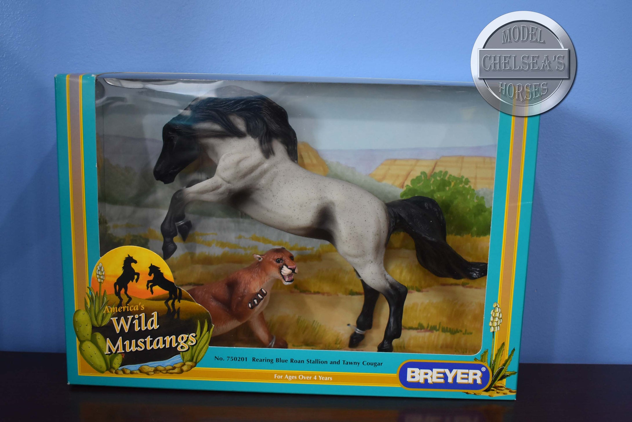 Rearing Blue Roan Stallion and Tawny Cougar-#750201-New in Box-Wild Mustangs-Breyer Classic